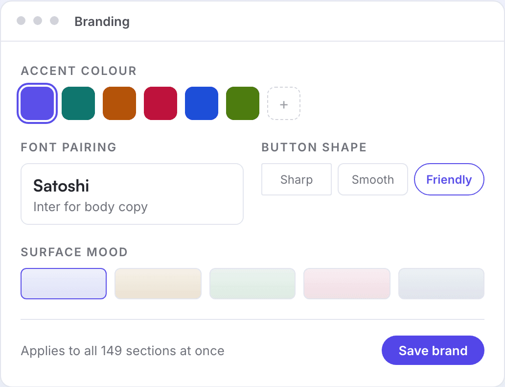 The Promino branding panel with accent colour, font pairing, button shape and surface mood