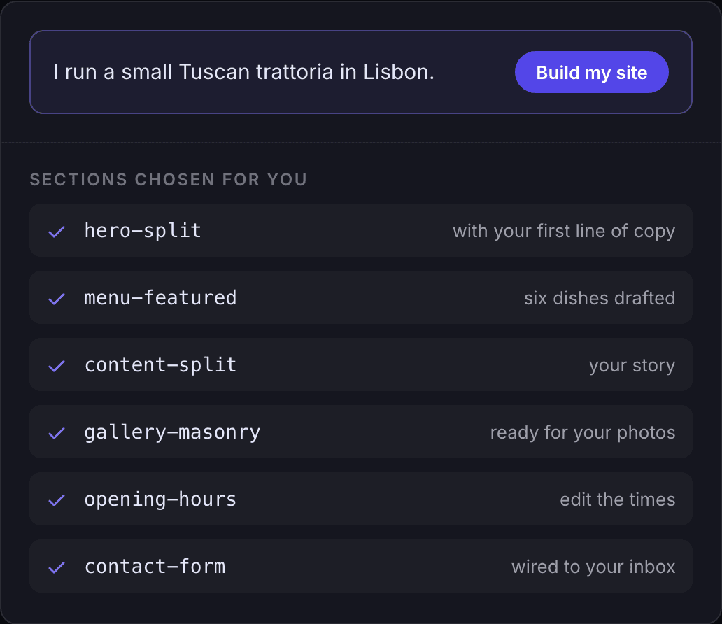 The Promino generator turning one sentence into a list of chosen sections