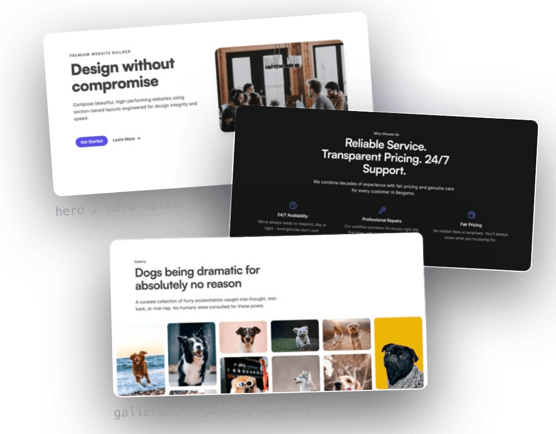 Three websites assembled from the Promino section library: a studio hero, a services grid and a photo gallery