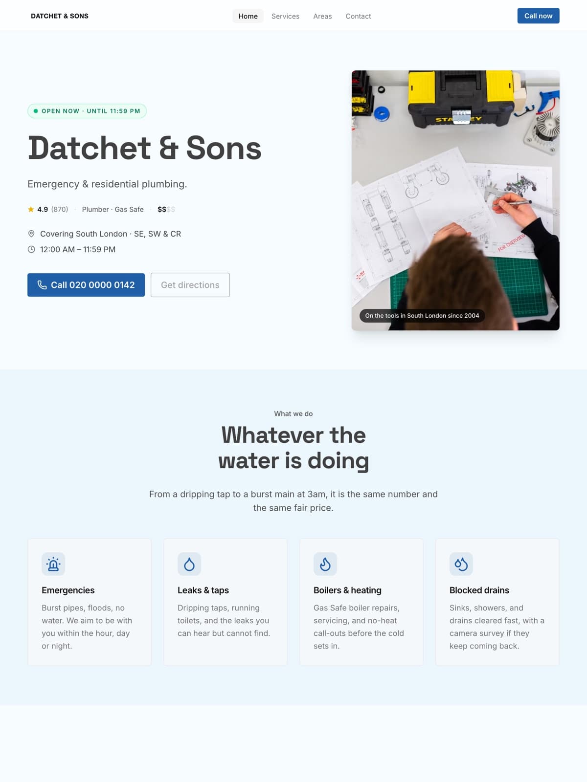 The Datchet and Sons demo site, a 24 hour emergency plumber in South London, built on Promino